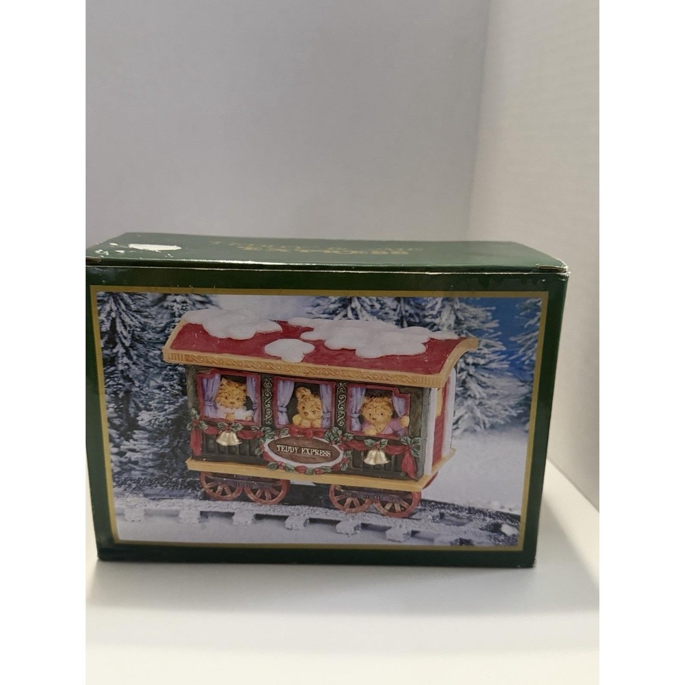 Teddy Bear Christmas Train Set 3 Piece Resin Teddy Express Holiday Decor Boxed